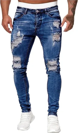 Slim Fit Ripped Jeans for Men Fashion Design Frayed Skinny Comfort Streetwear Denim Pants Stretch Fit Low Rise Jeans