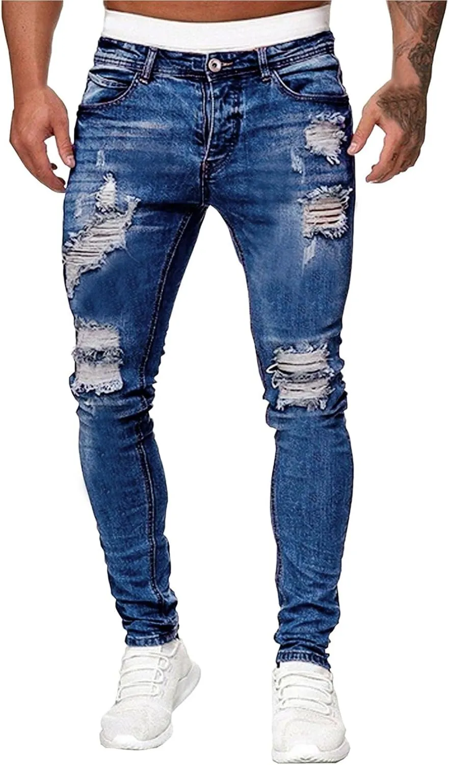 Slim Fit Ripped Jeans for Men Fashion Design Frayed Skinny Comfort Streetwear Denim Pants Stretch Fit Low Rise Jeans