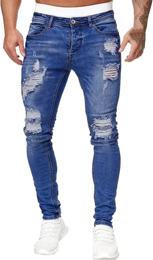 Slim Fit Ripped Jeans for Men Fashion Design Frayed Skinny Comfort Streetwear Denim Pants Stretch Fit Low Rise Jeans