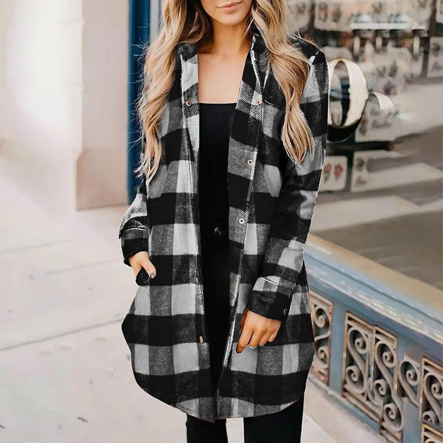 SMIDOW Womens Fall 2023 Casual Button Cardigan Jacket Outwears Flannel Plaid Long Shacket Jacket Tartan Trench Coat
