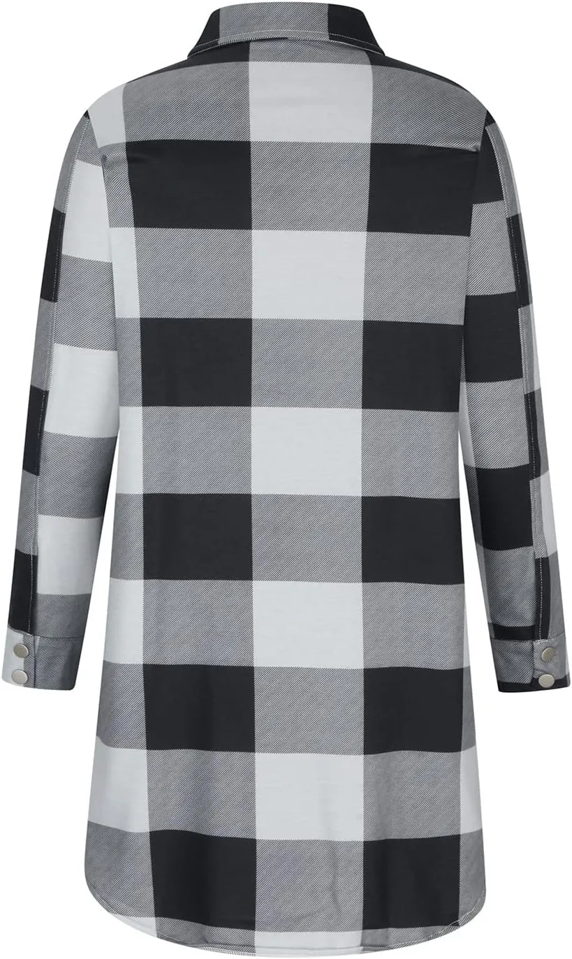 SMIDOW Womens Fall 2023 Casual Button Cardigan Jacket Outwears Flannel Plaid Long Shacket Jacket Tartan Trench Coat