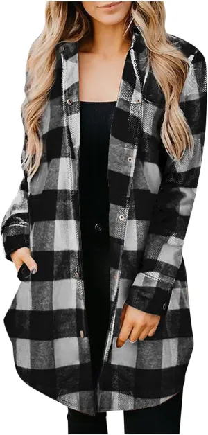 SMIDOW Womens Fall 2023 Casual Button Cardigan Jacket Outwears Flannel Plaid Long Shacket Jacket Tartan Trench Coat