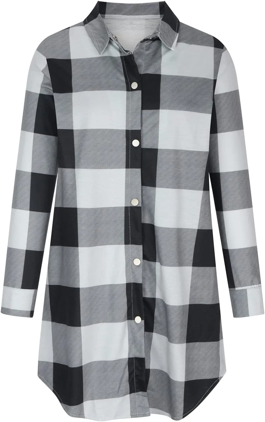 SMIDOW Womens Fall 2023 Casual Button Cardigan Jacket Outwears Flannel Plaid Long Shacket Jacket Tartan Trench Coat