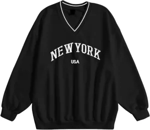 SOLY HUX Women's New York Letter Graphic Sweatshirt V Neck Long Sleeve Casual Pullover Top