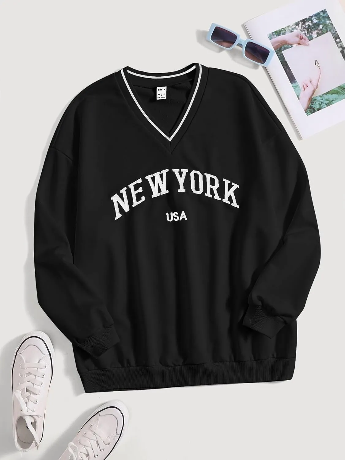 SOLY HUX Women's New York Letter Graphic Sweatshirt V Neck Long Sleeve Casual Pullover Top