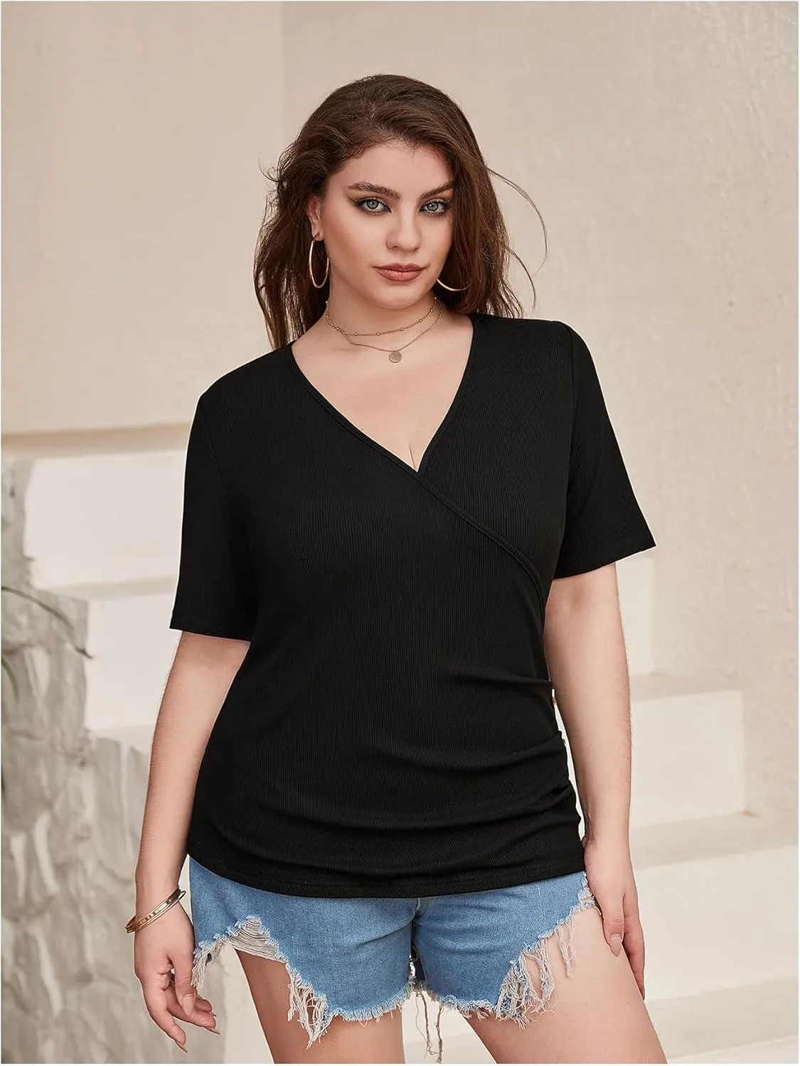 SOLY HUX Women's Plus Size Deep V Neck Tee Tops Wrap Short Sleeve Ruched Button Side Slim Fit T Shirt
