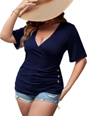 SOLY HUX Women's Plus Size Deep V Neck Tee Tops Wrap Short Sleeve Ruched Button Side Slim Fit T Shirt