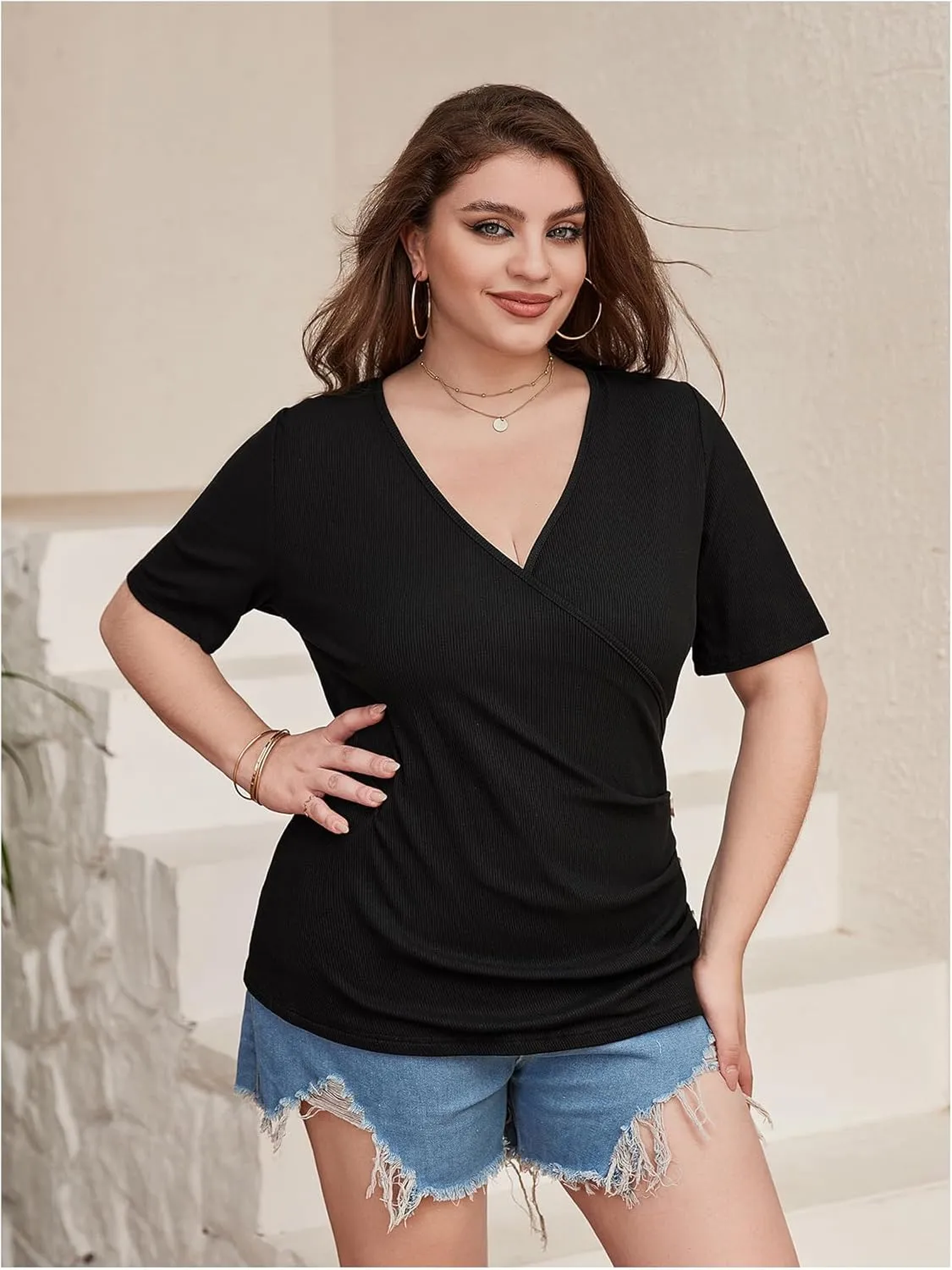 SOLY HUX Women's Plus Size Deep V Neck Tee Tops Wrap Short Sleeve Ruched Button Side Slim Fit T Shirt
