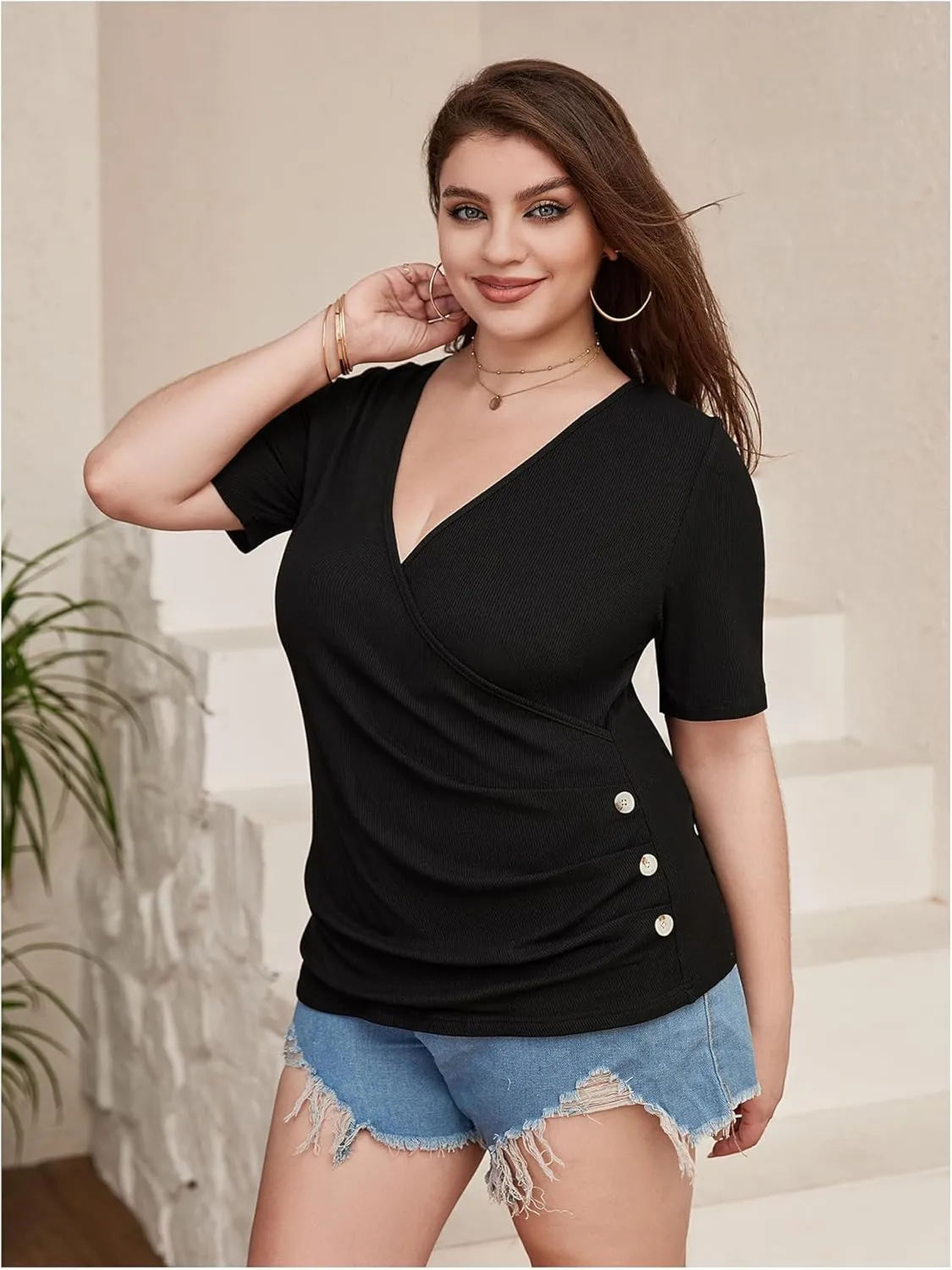 SOLY HUX Women's Plus Size Deep V Neck Tee Tops Wrap Short Sleeve Ruched Button Side Slim Fit T Shirt
