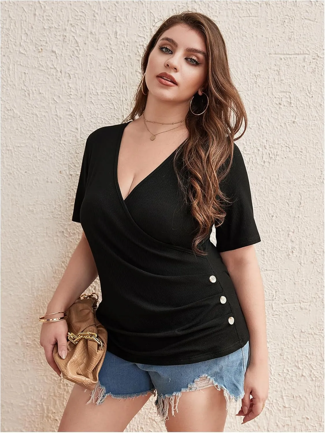 SOLY HUX Women's Plus Size Deep V Neck Tee Tops Wrap Short Sleeve Ruched Button Side Slim Fit T Shirt