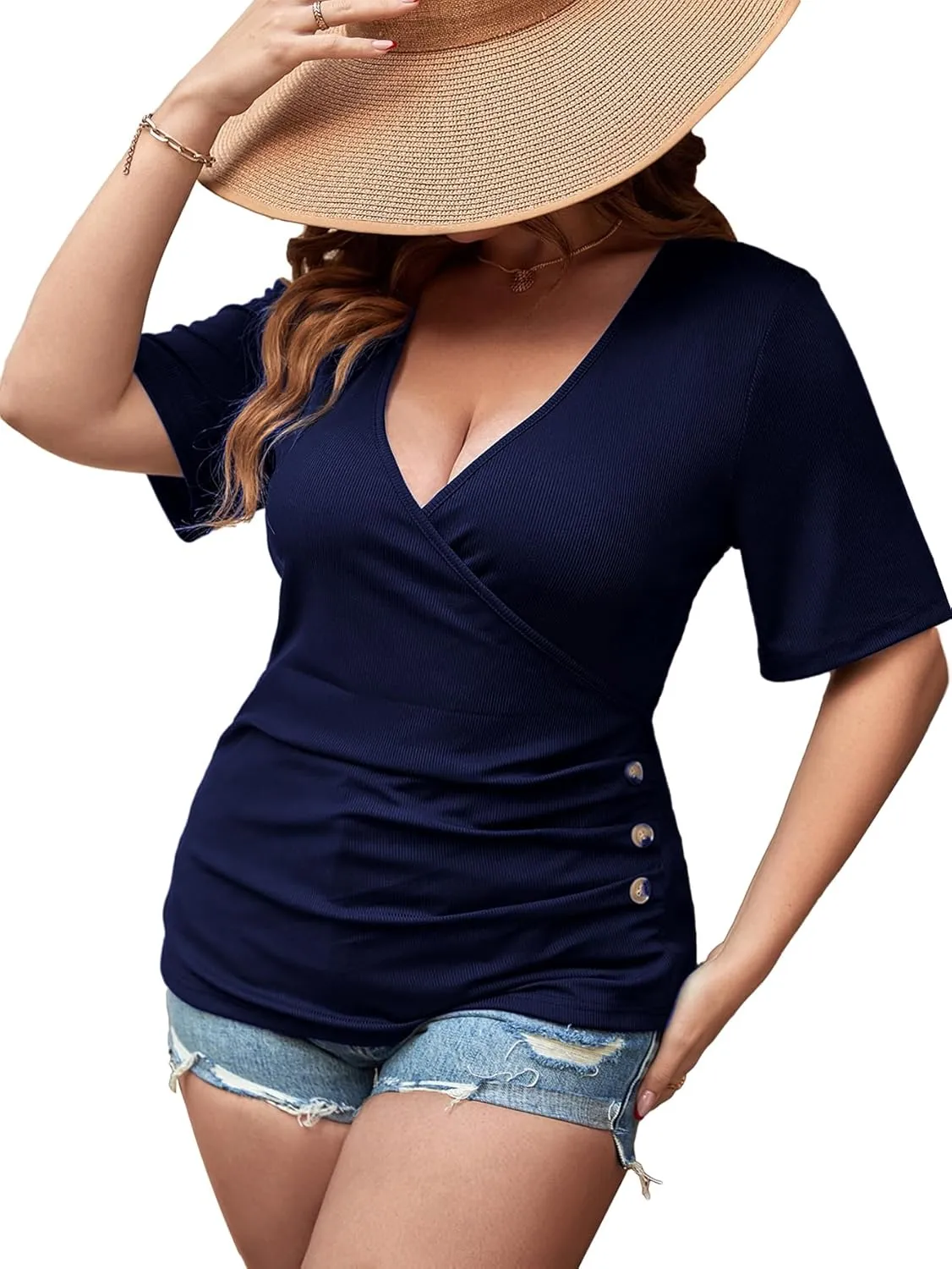 SOLY HUX Women's Plus Size Deep V Neck Tee Tops Wrap Short Sleeve Ruched Button Side Slim Fit T Shirt