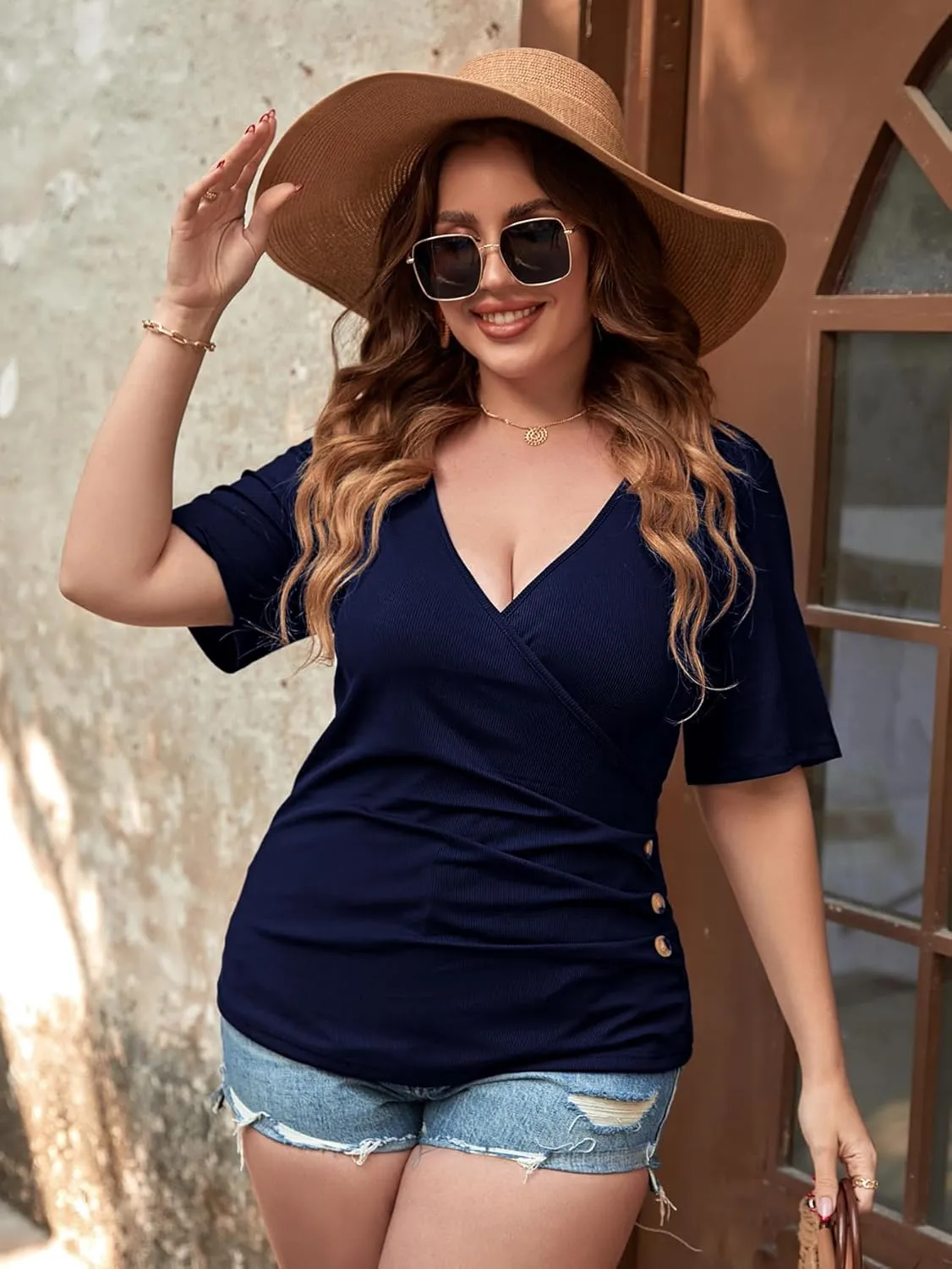 SOLY HUX Women's Plus Size Deep V Neck Tee Tops Wrap Short Sleeve Ruched Button Side Slim Fit T Shirt