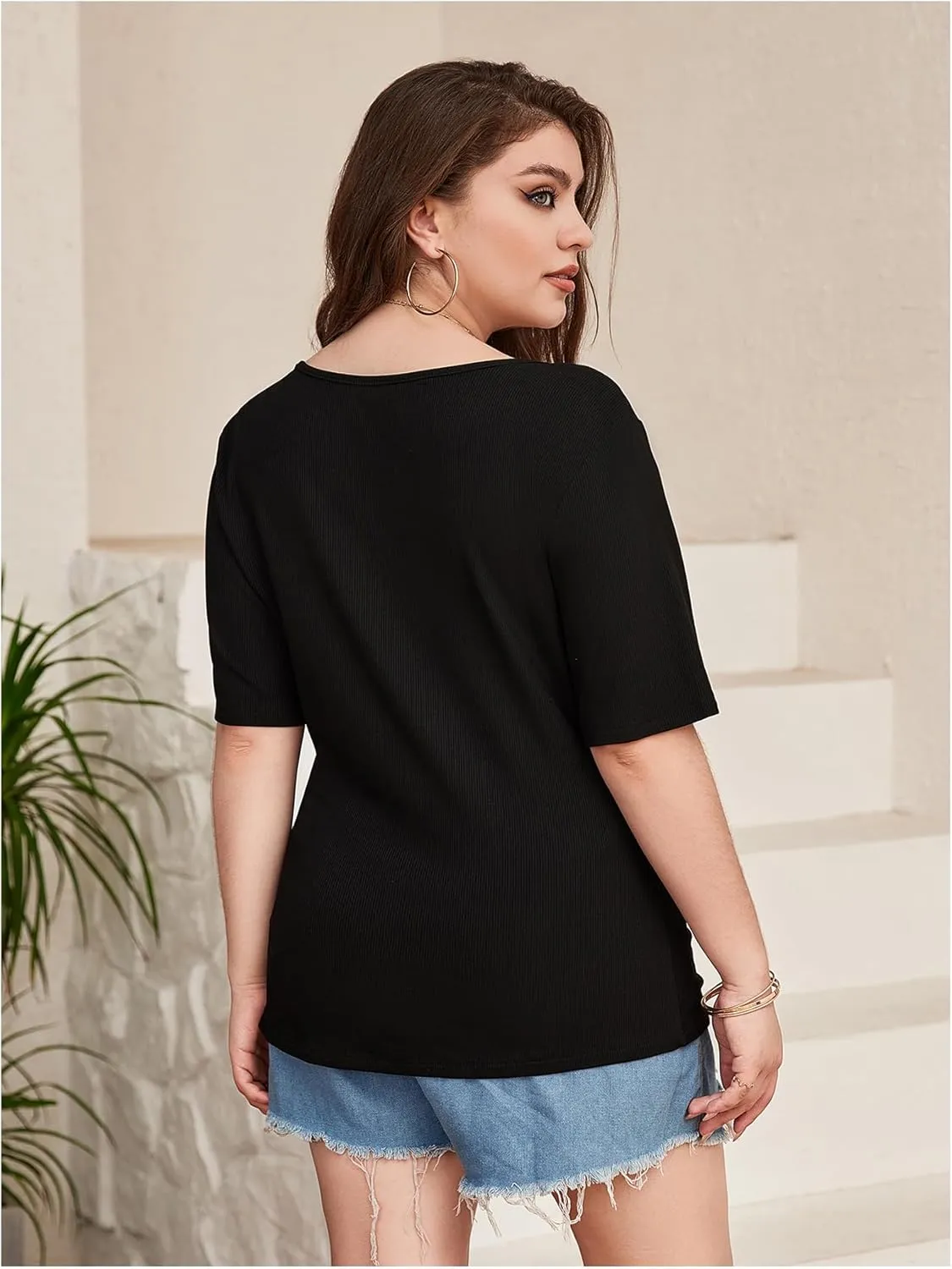 SOLY HUX Women's Plus Size Deep V Neck Tee Tops Wrap Short Sleeve Ruched Button Side Slim Fit T Shirt