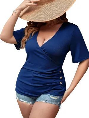 SOLY HUX Women's Plus Size Deep V Neck Tee Tops Wrap Short Sleeve Ruched Button Side Slim Fit T Shirt