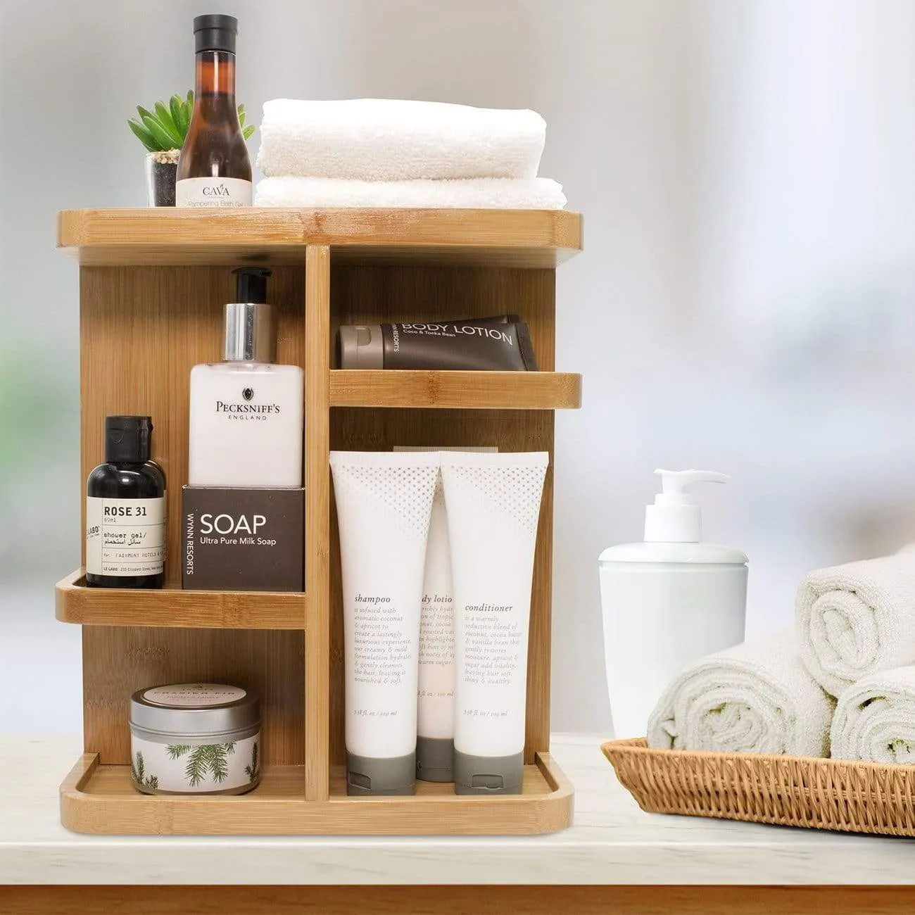 Sorbus 360° Bamboo Cosmetic Organizer, Multi-Function Storage Carousel for Makeup, Toiletries, and More - for Vanity, Desk, Bathroom, Bedroom, Closet, Kitchen