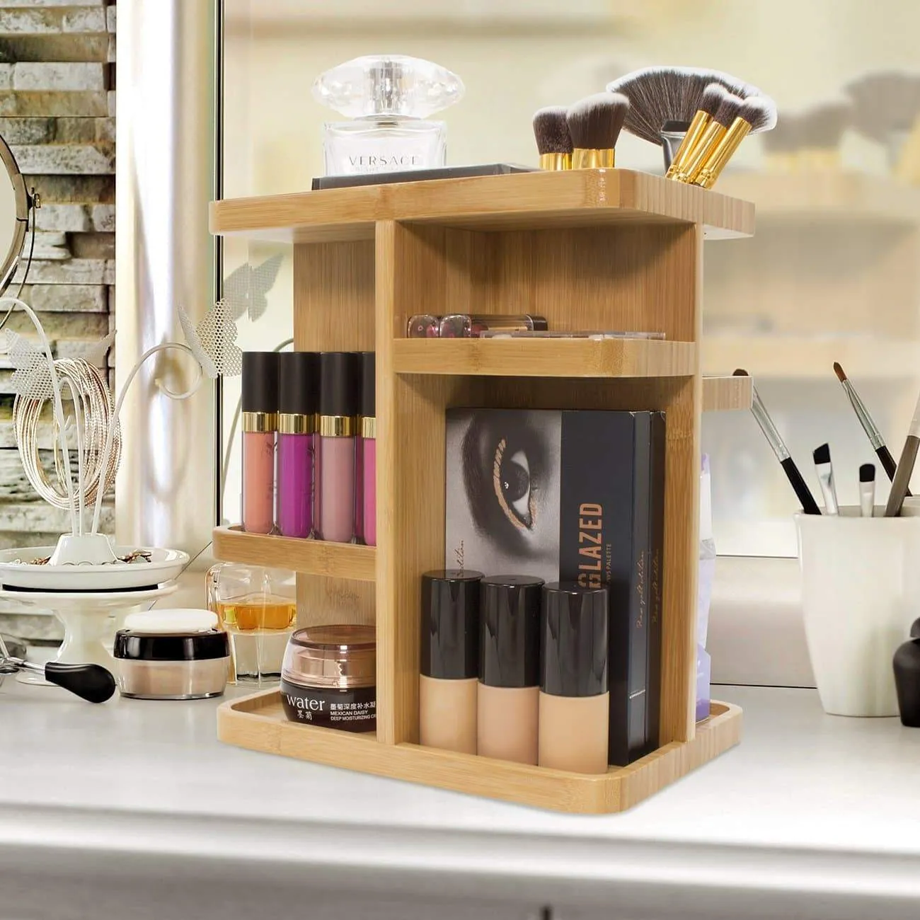 Sorbus 360° Bamboo Cosmetic Organizer, Multi-Function Storage Carousel for Makeup, Toiletries, and More - for Vanity, Desk, Bathroom, Bedroom, Closet, Kitchen