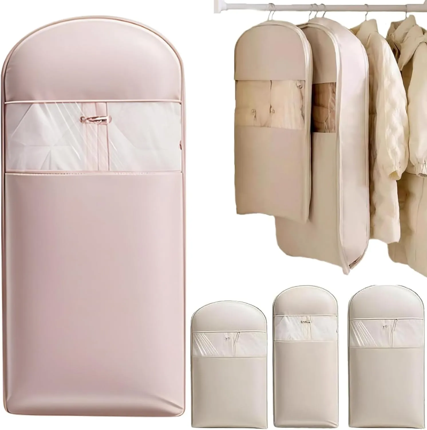 Space Saving Hanging Garment Bag with Self Compression Zipper, 2025 Space Saver Cover Closet Organizers for Closet Storage, Compression Garment Bags for Hanging Clothes Travel (Pink, M)
