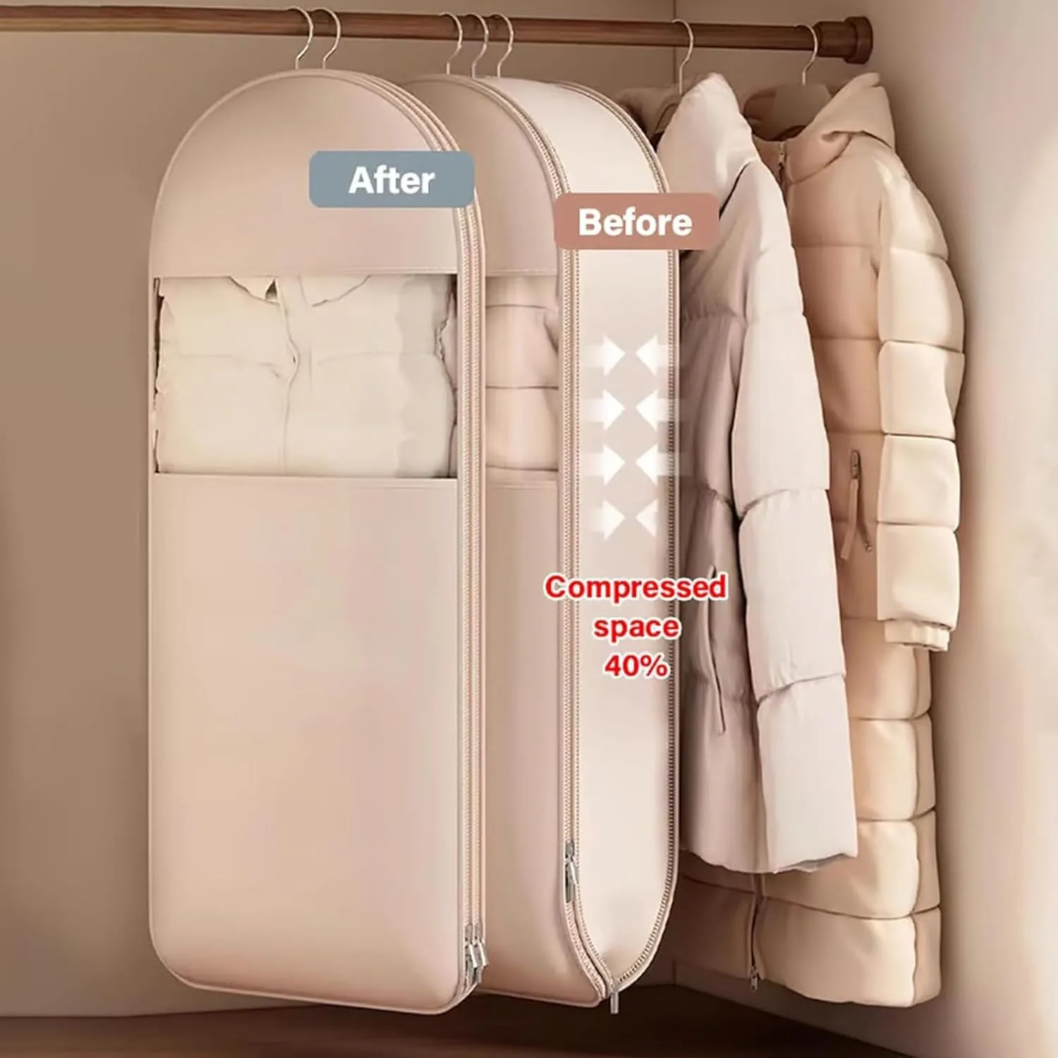 Space Saving Hanging Garment Bag with Self Compression Zipper, 2025 Space Saver Cover Closet Organizers for Closet Storage, Compression Garment Bags for Hanging Clothes Travel (Pink, M)