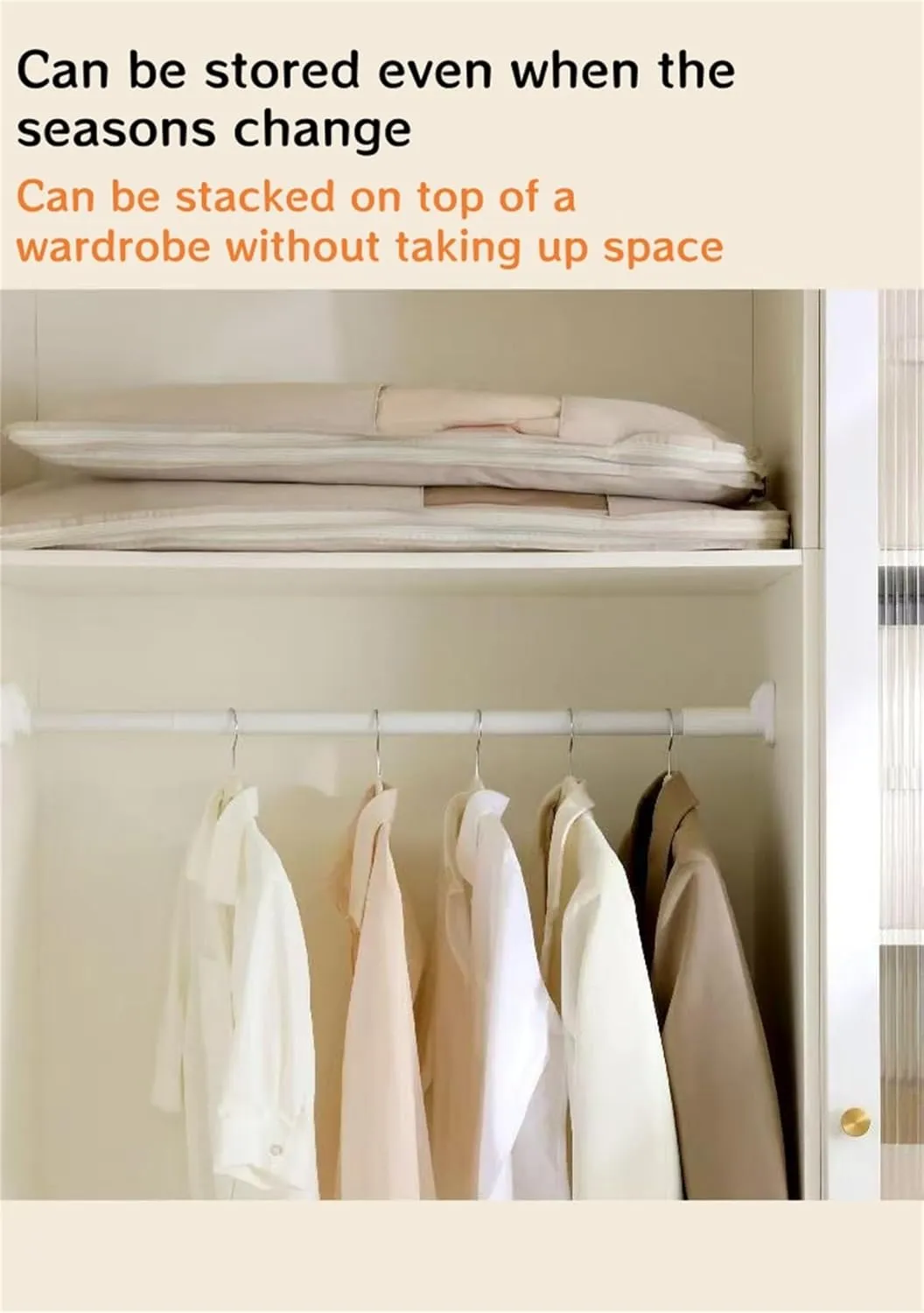 Space Saving Hanging Garment Bag with Self Compression Zipper, Space Saving Hanging Protector for Down Coat, Garment Duffle Bags for Travel (Beige,M)