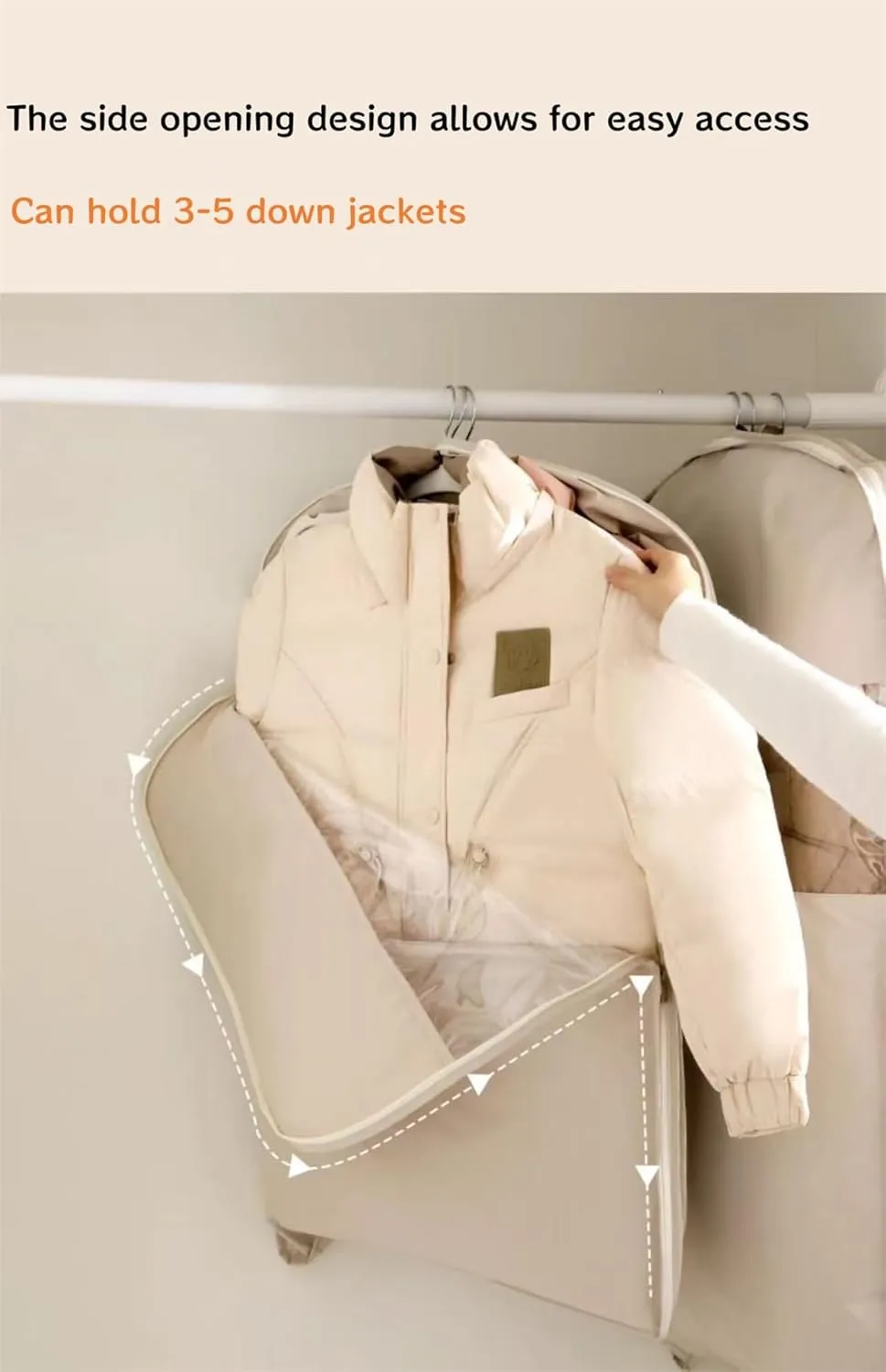 Space Saving Hanging Garment Bag with Self Compression Zipper, Space Saving Hanging Protector for Down Coat, Garment Duffle Bags for Travel (Beige,M)