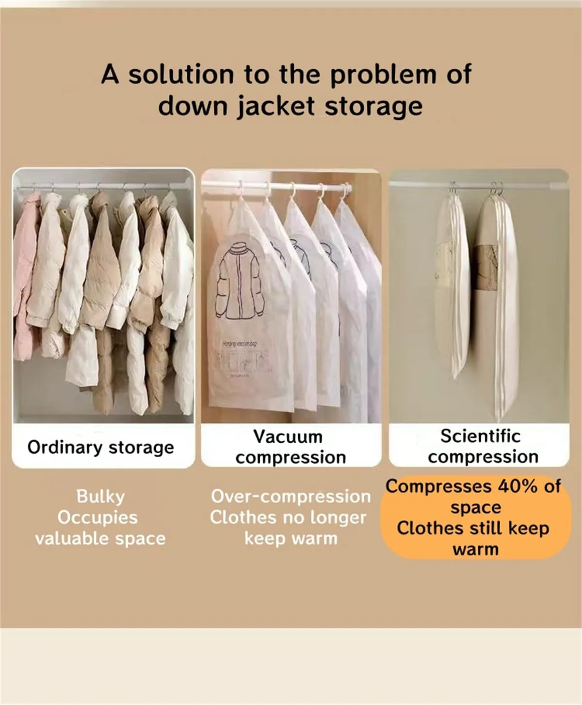Space Saving Hanging Garment Bag with Self Compression Zipper, Space Saving Hanging Protector for Down Coat, Garment Duffle Bags for Travel (Beige,M)