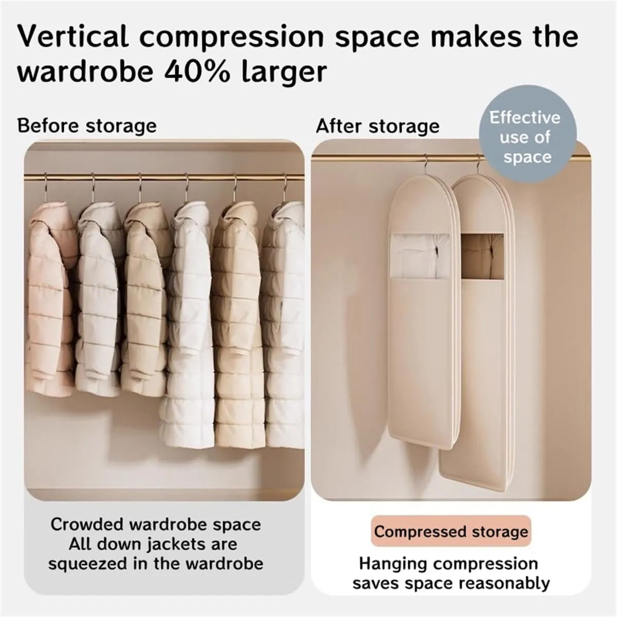 Space Saving Hanging Garment Bag with Self Compression Zipper, Space Saving Hanging Protector for Down Coat, Garment Duffle Bags for Travel (Beige,M)