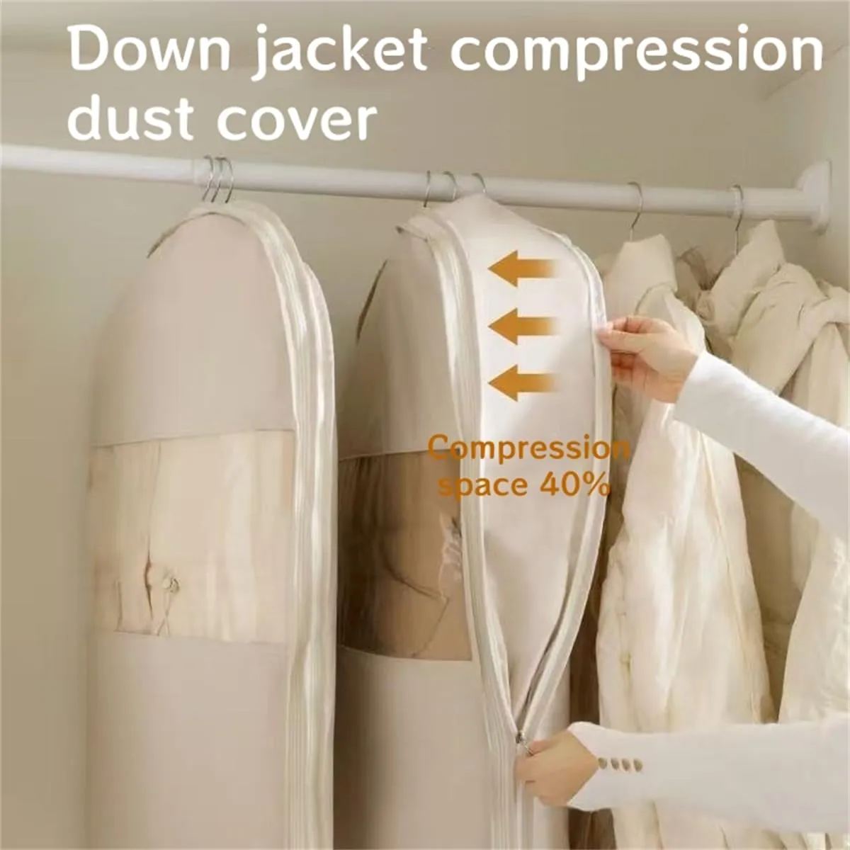 Space Saving Hanging Garment Bag with Self Compression Zipper, Space Saving Hanging Protector for Down Coat, Garment Duffle Bags for Travel (Beige,M)
