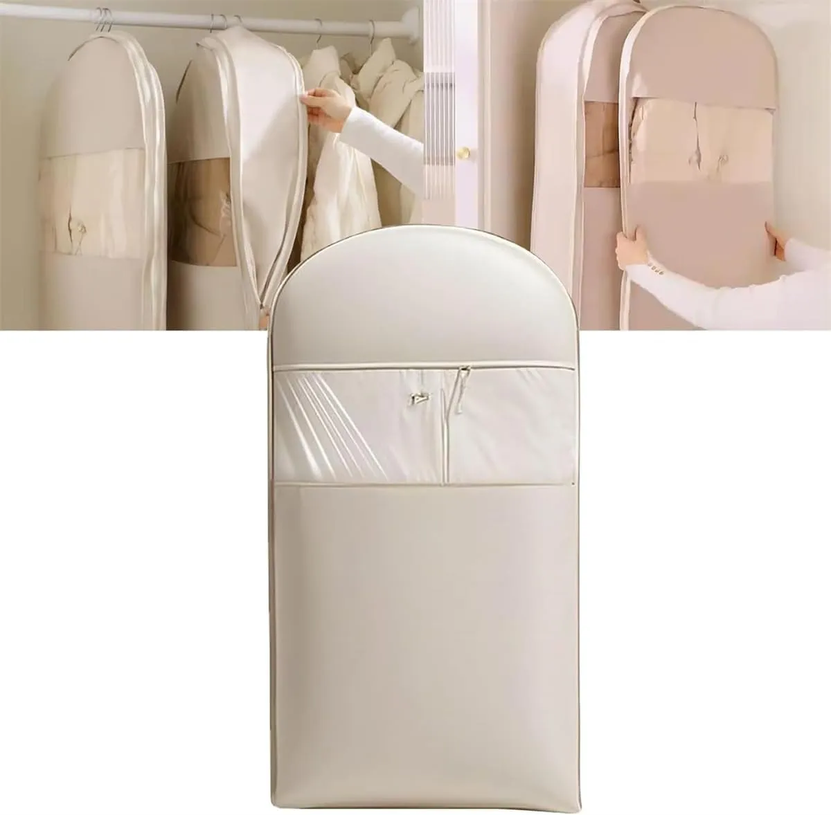 Space Saving Hanging Garment Bag with Self Compression Zipper, Space Saving Hanging Protector for Down Coat, Garment Duffle Bags for Travel (Beige,M)