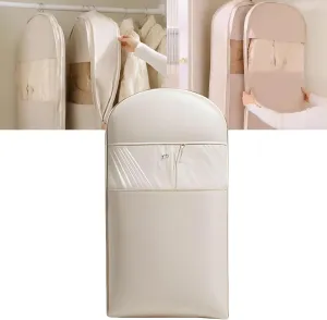 Space Saving Hanging Garment Bag with Self Compression Zipper, Space Saving Hanging Protector for Down Coat, Self Compression Zip Garment Bags for Closet Storage (Beige, L)