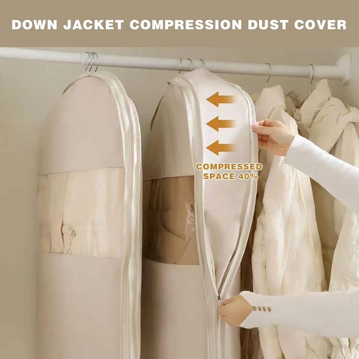 Space Saving Hanging Garment Bag with Self Compression Zipper, Space Saving Hanging Protector for Down Coat, Self Compression Zip Garment Bags for Closet Storage (Beige, L)