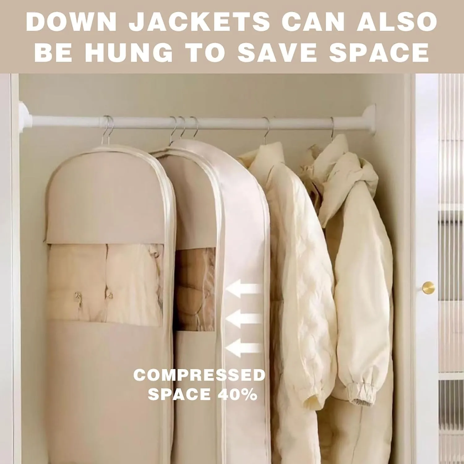 Space Saving Hanging Garment Bag with Self Compression Zipper, Space Saving Hanging Protector for Down Coat, Self Compression Zip Garment Bags for Closet Storage (Beige, L)