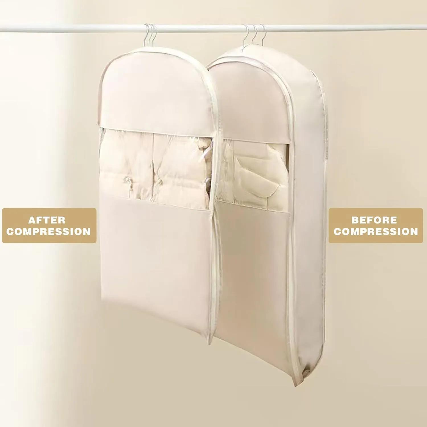 Space Saving Hanging Garment Bag with Self Compression Zipper, Space Saving Hanging Protector for Down Coat, Self Compression Zip Garment Bags for Closet Storage (Beige, L)