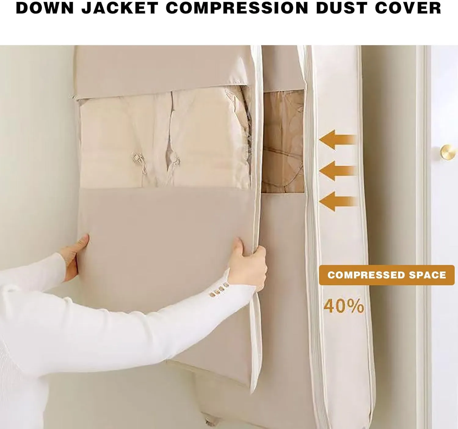 Space Saving Hanging Garment Bag with Self Compression Zipper, Space Saving Hanging Protector for Down Coat, Self Compression Zip Garment Bags for Closet Storage (Beige, L)