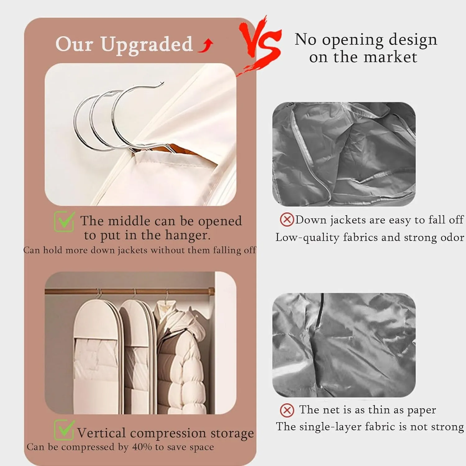 Space Saving Hanging Garment Bag with Self Compression Zipper,Dust Cover Clothes Bags Space Saving Hanging Protector for Down Coat Transparent Visibility(Beige,XL)