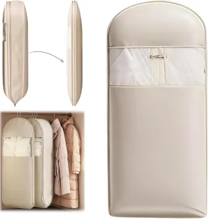 Space Saving Hanging Garment Bag with Self Compression Zipper,Dust Cover Clothes Bags Space Saving Hanging Protector for Down Coat Transparent Visibility(Beige,XL)
