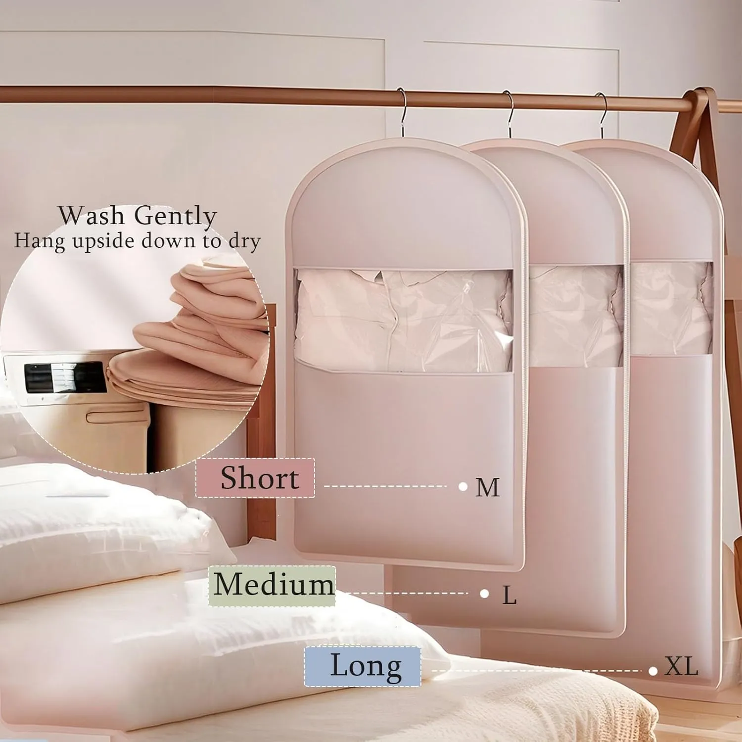 Space Saving Hanging Garment Bag with Self Compression Zipper,Dust Cover Clothes Bags Space Saving Hanging Protector for Down Coat Transparent Visibility(Beige,XL)
