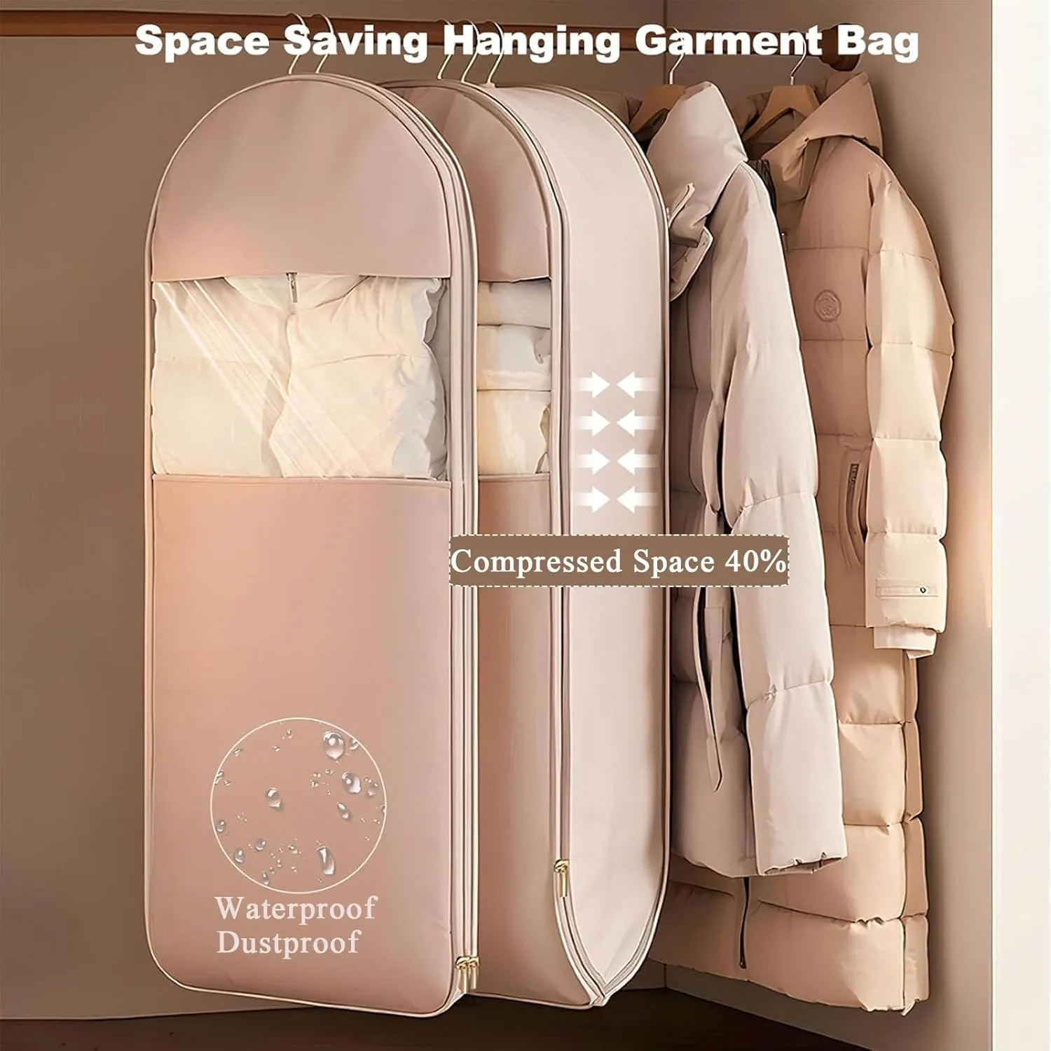 Space Saving Hanging Garment Bag with Self Compression Zipper,Dust Cover Clothes Bags Space Saving Hanging Protector for Down Coat Transparent Visibility(Beige,XL)
