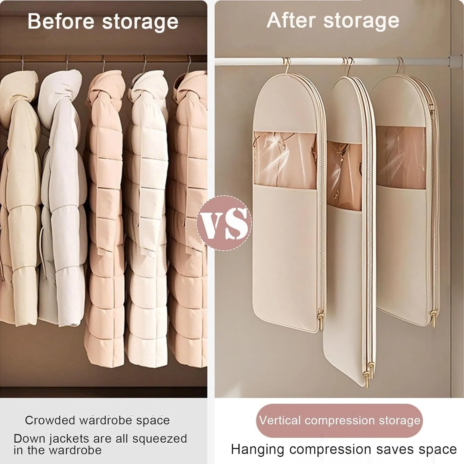 Space Saving Hanging Garment Bag with Self Compression Zipper,Dust Cover Clothes Bags Space Saving Hanging Protector for Down Coat Transparent Visibility(Beige,XL)