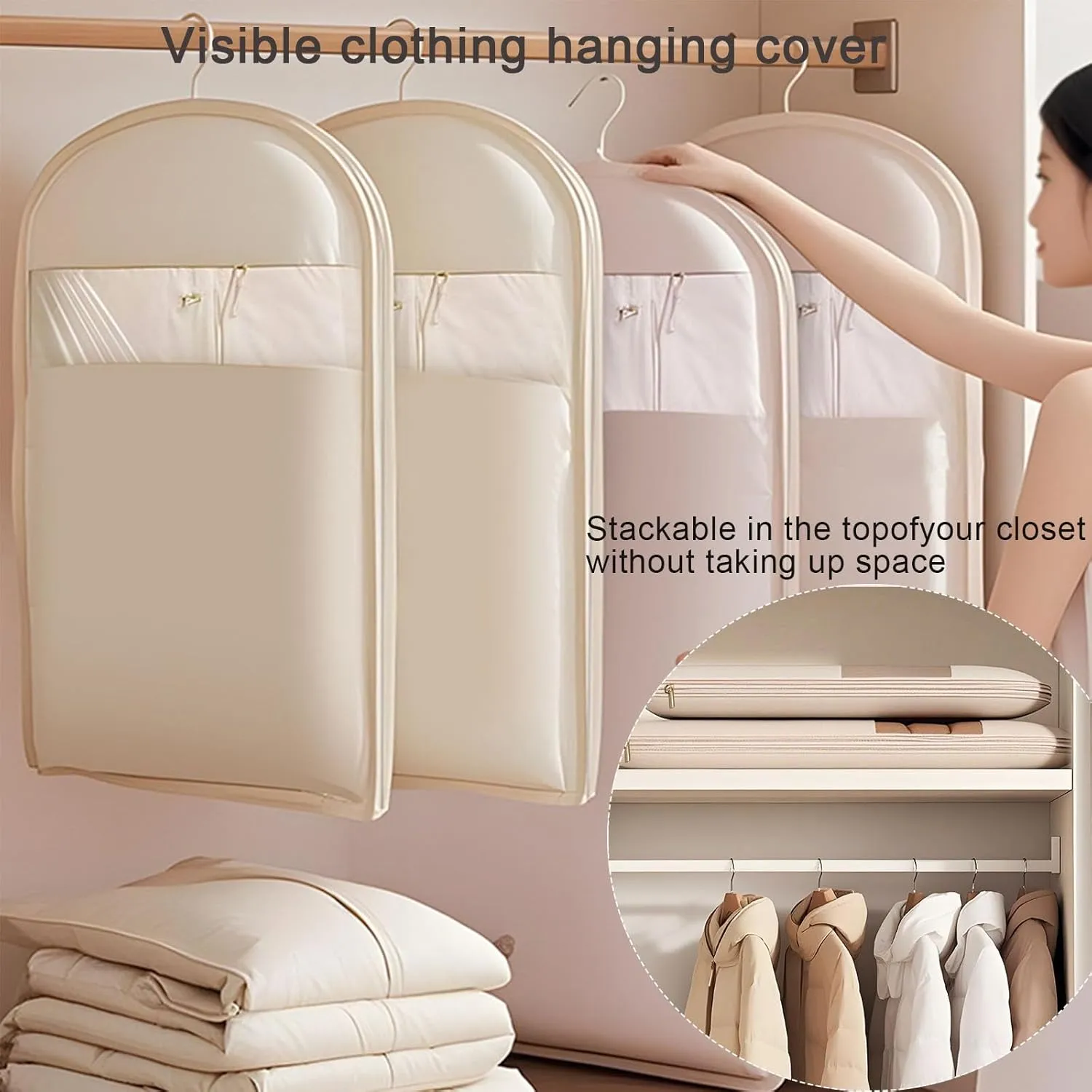 Space Saving Hanging Garment Bag with Self Compression Zipper,Dust Cover Clothes Bags Space Saving Hanging Protector for Down Coat Transparent Visibility(Beige,XL)