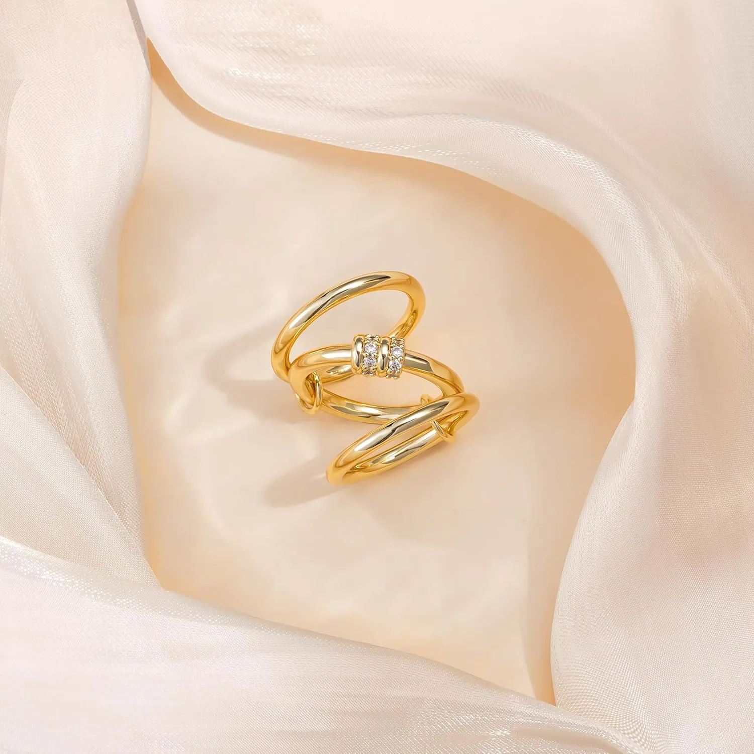 Stackable Rings for Women Non Tarnish, 14K Gold Plated Dainty Cubic Zirconia Rings Multi Chunky Gold Ring Mixed Metal Stacking Rings Set Gold Prom Jewelry for Women Gifts