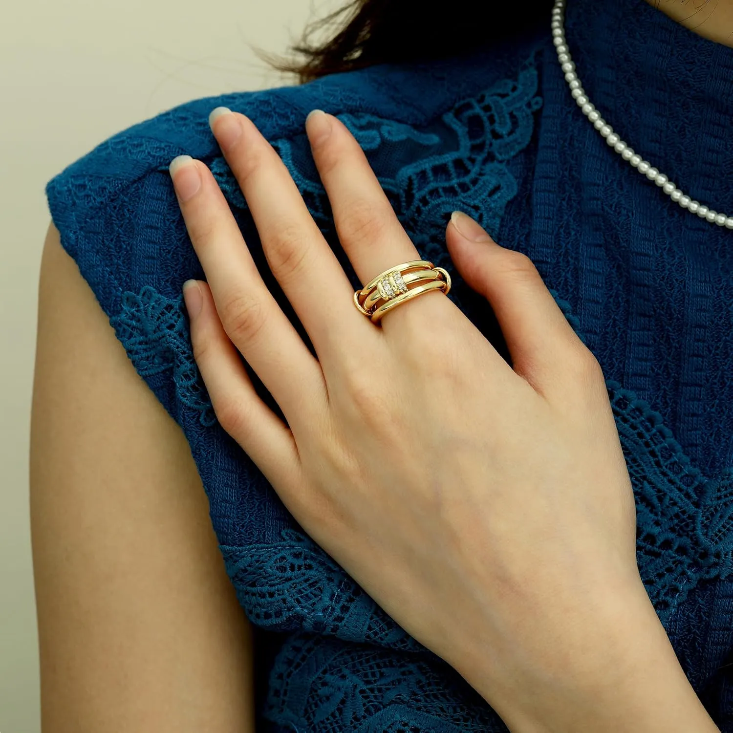 Stackable Rings for Women Non Tarnish, 14K Gold Plated Dainty Cubic Zirconia Rings Multi Chunky Gold Ring Mixed Metal Stacking Rings Set Gold Prom Jewelry for Women Gifts