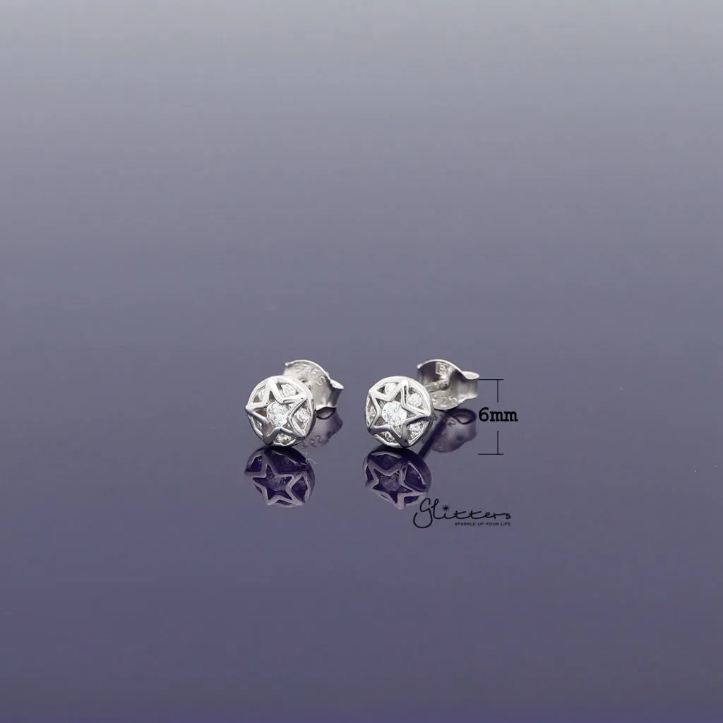 Sterling Silver Circle Star with C.Z Women's Stud Earrings