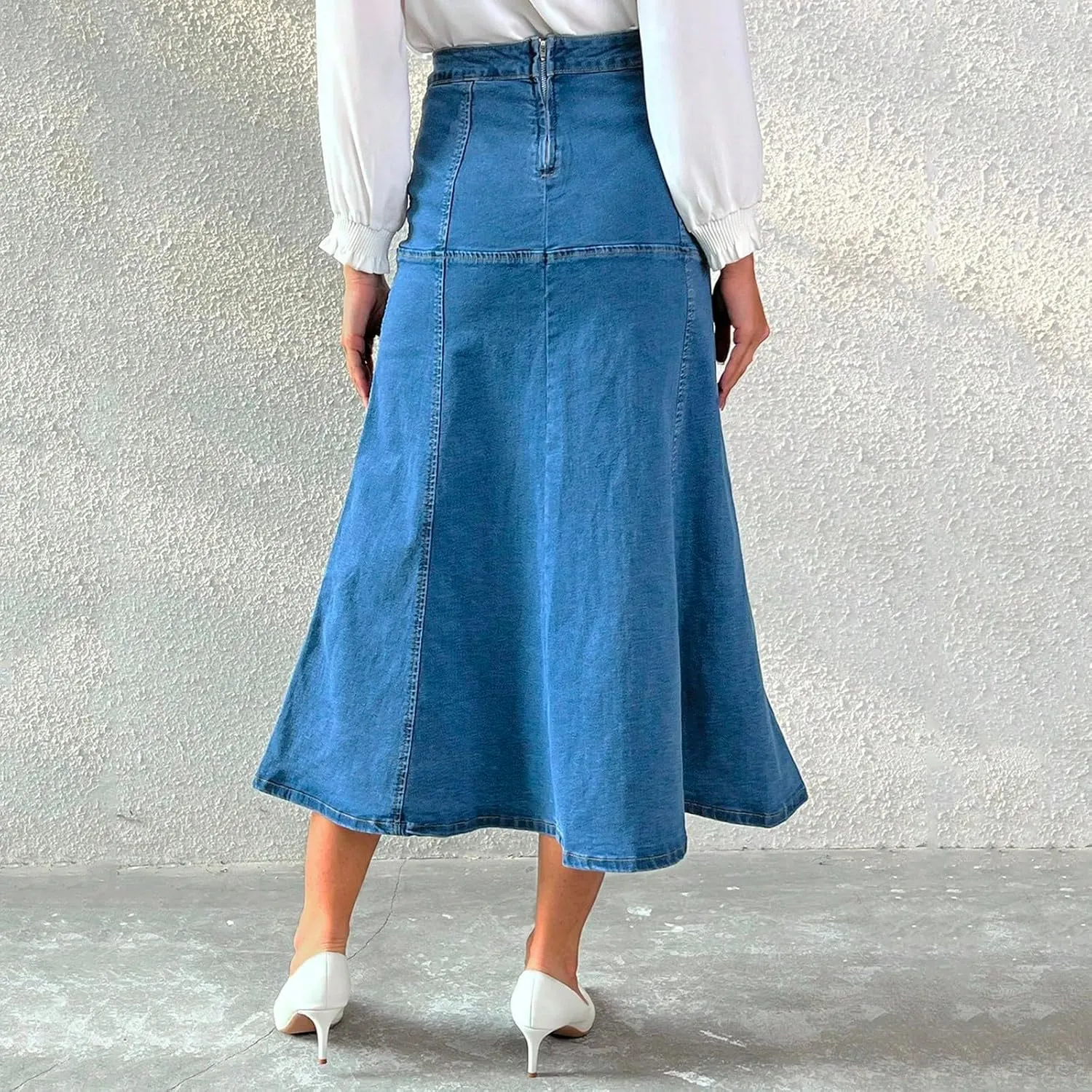 Stretchy Midi Denim Skirt Women Casual High Waisted Tiered Long Jean Skirt Summer Flowy Dressy A Line Maxi Skirt