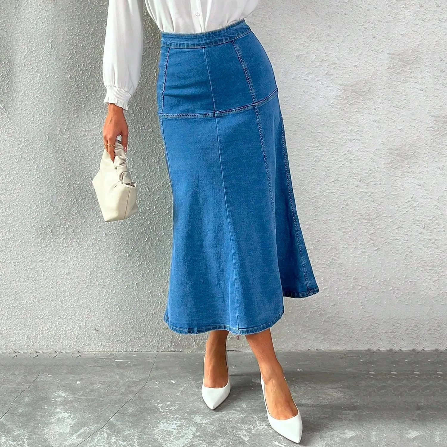 Stretchy Midi Denim Skirt Women Casual High Waisted Tiered Long Jean Skirt Summer Flowy Dressy A Line Maxi Skirt