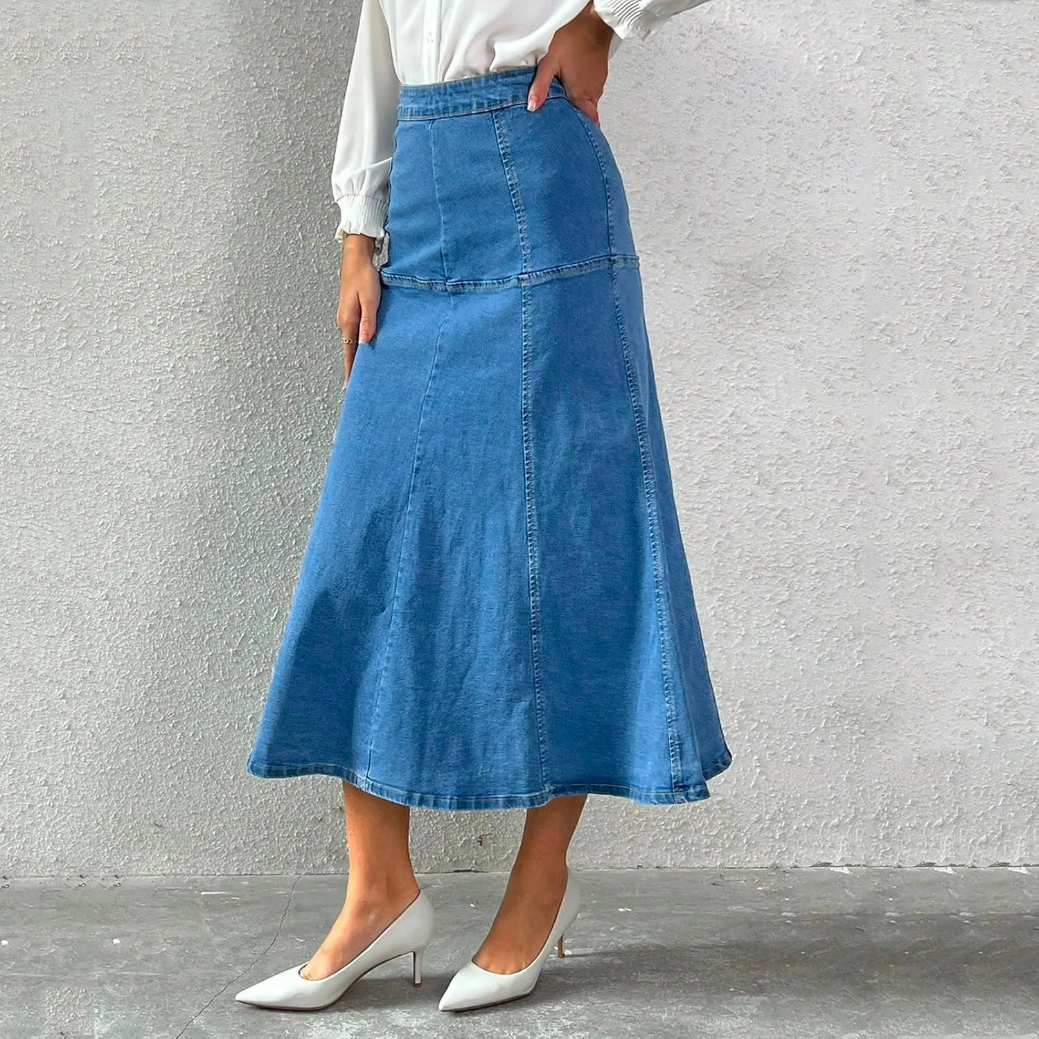 Stretchy Midi Denim Skirt Women Casual High Waisted Tiered Long Jean Skirt Summer Flowy Dressy A Line Maxi Skirt