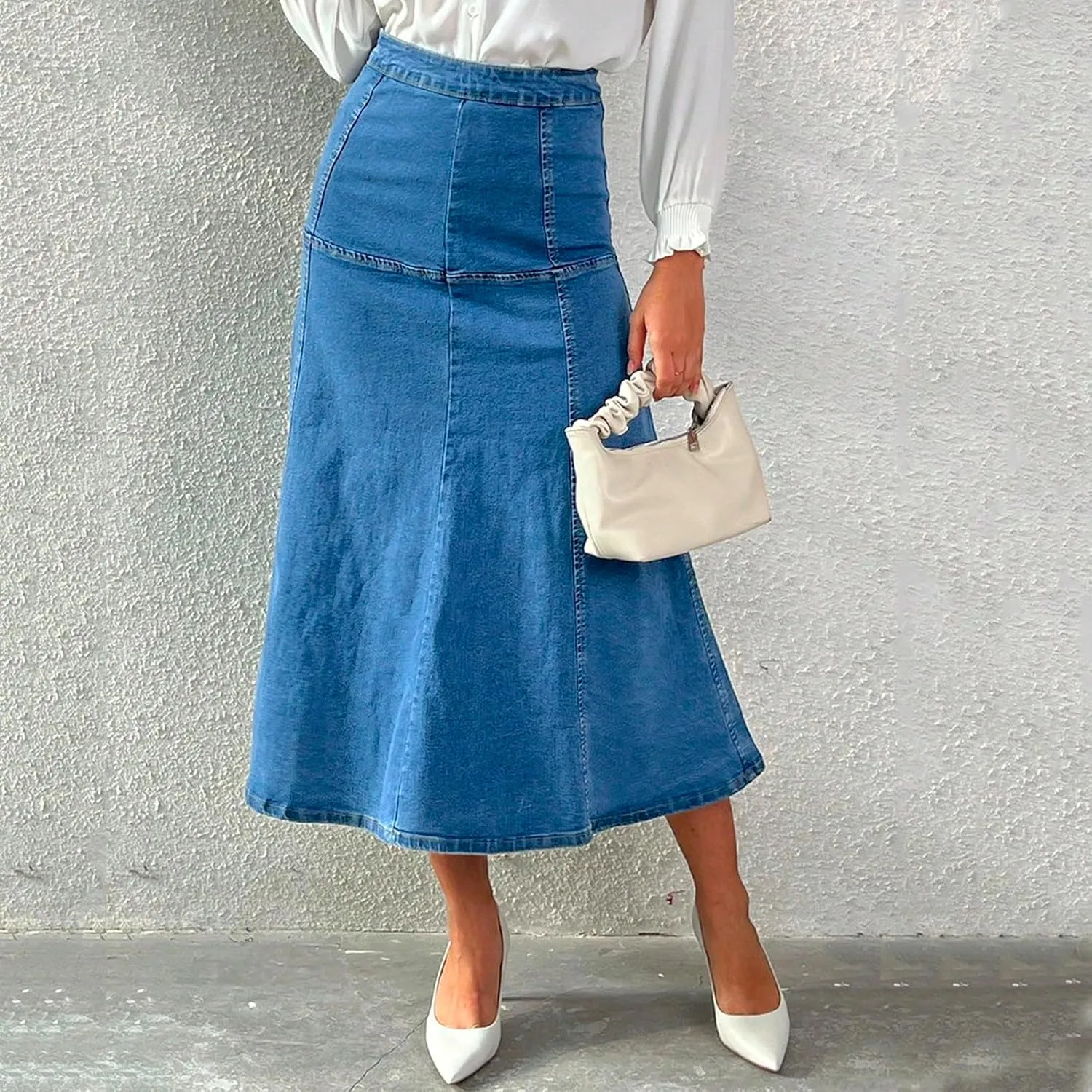 Stretchy Midi Denim Skirt Women Casual High Waisted Tiered Long Jean Skirt Summer Flowy Dressy A Line Maxi Skirt