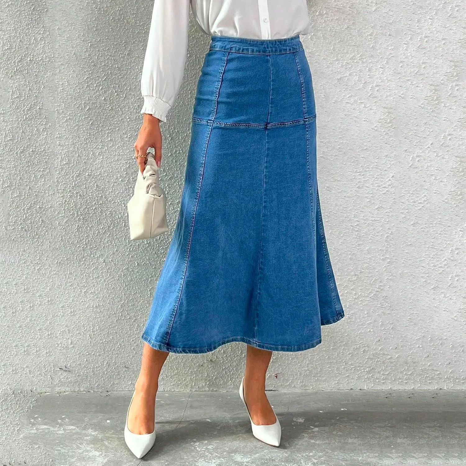 Stretchy Midi Denim Skirt Women Casual High Waisted Tiered Long Jean Skirt Summer Flowy Dressy A Line Maxi Skirt