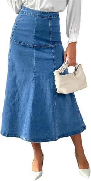 Stretchy Midi Denim Skirt Women Casual High Waisted Tiered Long Jean Skirt Summer Flowy Dressy A Line Maxi Skirt