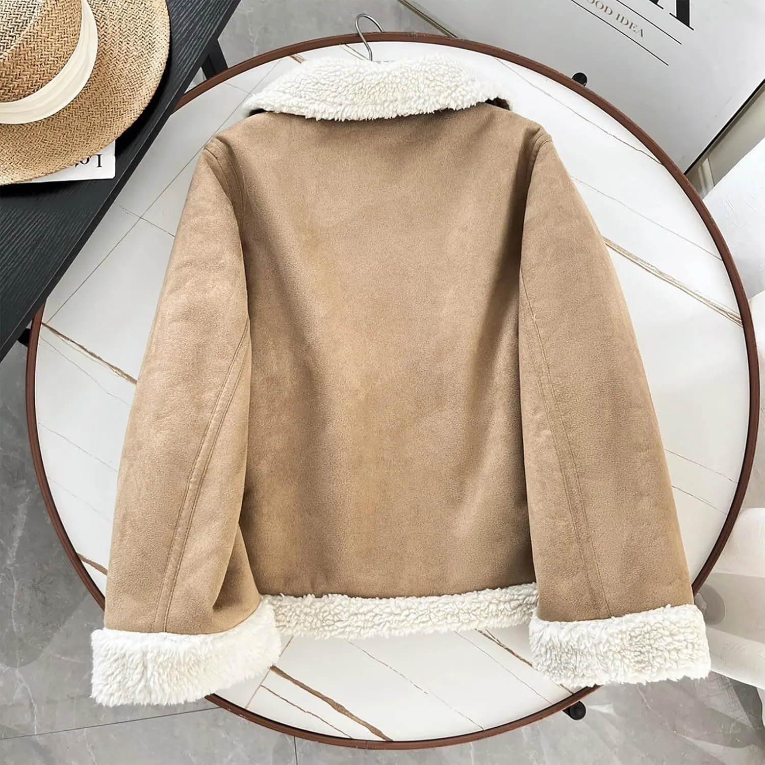 Suede Leather Jacket Women Winter Warm Sherpa Lined Motorcycle Coats Fur Shearling Short Coat Cropped Padded Outwear