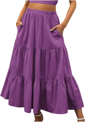 Summer Beach Maxi Skirts for Women Casual High Waisted Pleated Ruffle Swing Skirt Layered Tiered Vacation Dress
